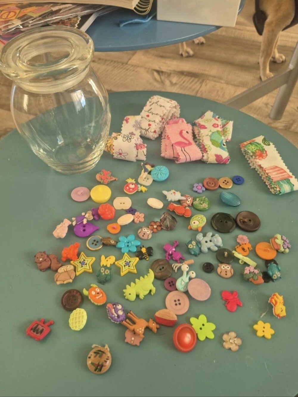 Glass Jar With Assorted Colorful Cute Buttons And Materialvribbon Craft Supplies